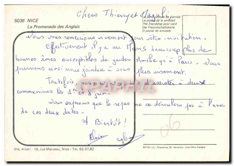 CPM Nice La Promenade des Anglais — Rückseite