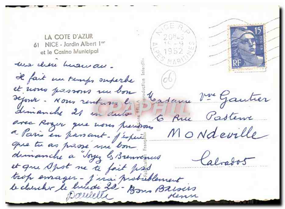 CPM Nice Jardin Albert 1er et le Casino Municlpal — Verso