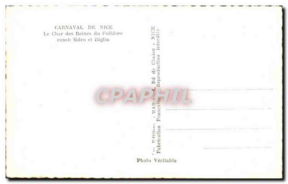 CPA Nice Carnaval Le char des reines du Folklore Sidro et Beglia  — Rückseite