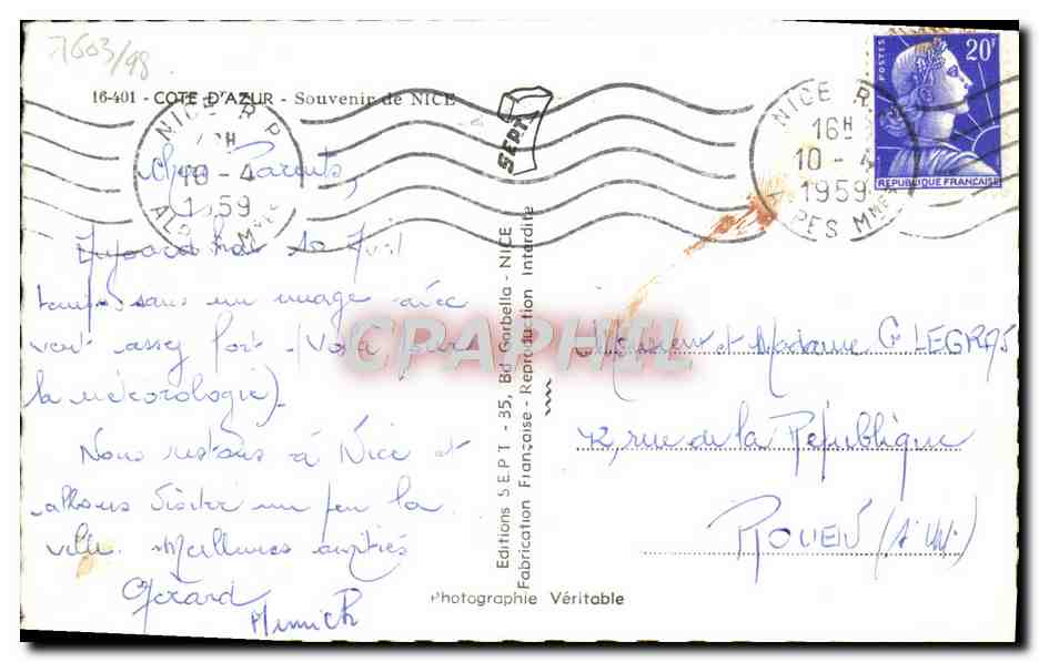 CPA Nice Souvenir de Cote D'Azur — Verso