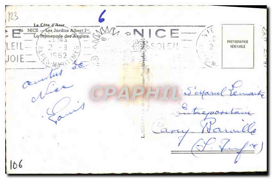 CPA Nice Jardins Albert 1er La promenade des anglais  — Rückseite