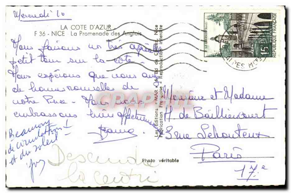 CPA Nice La Promenade Des Anglais — Rückseite