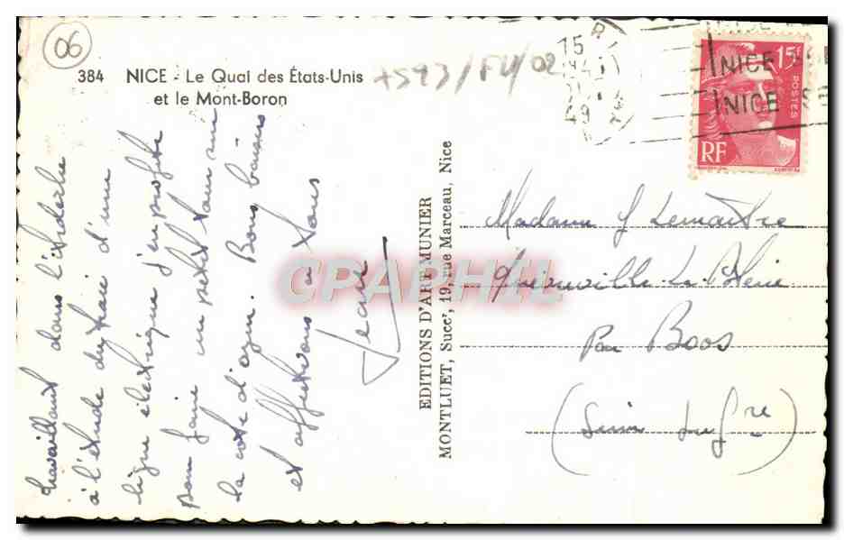 CPA Nice Le Quai des Etats Unis et le Mont Boron — Rückseite