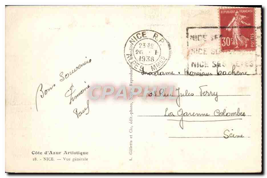 CPA Nice Vue generale  — Verso