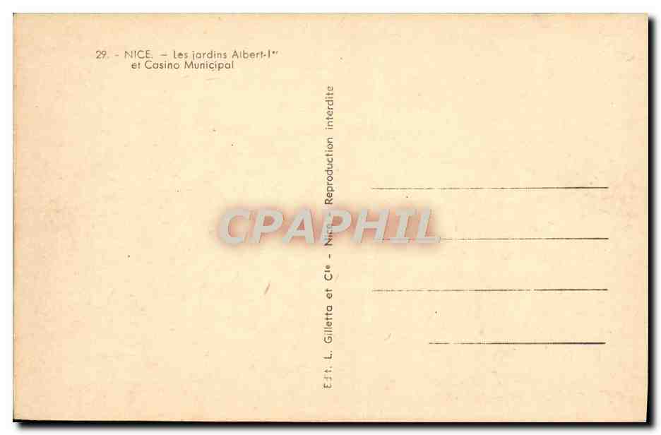 CPA Nice Les Jardins Albert l er et Casino Municipal  — Rückseite