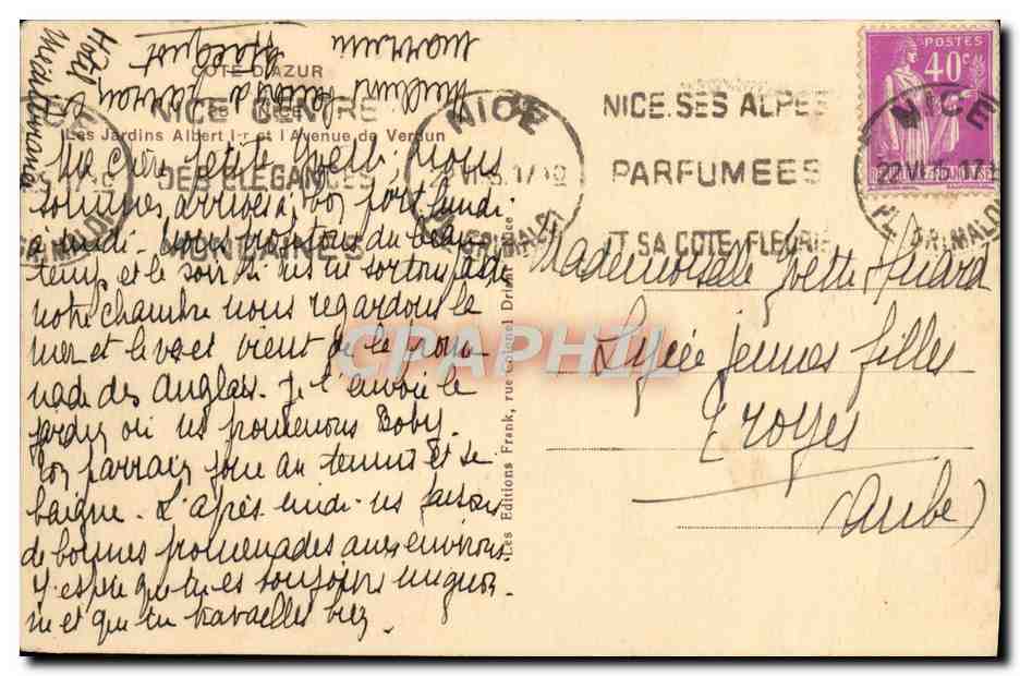 CPA Nice Les Jardins Albert 1er et l'Avenue de Verdun — Rückseite