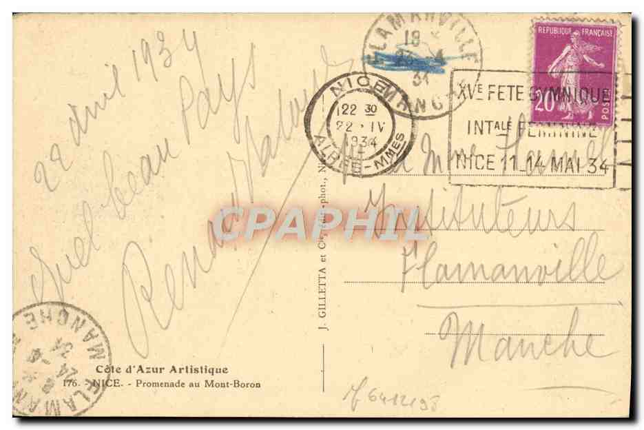CPA Nice Promeande au Mont Boron Bateau — Verso