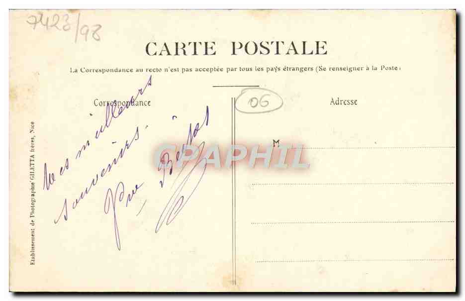 CPA Palais Hugo Gambetta Boulevard Victor Hugo Nice  — Rückseite