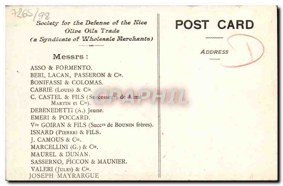 CPA Nice Avenue Massena Casino et Jardin des Palmiers Society of the Defense of the Nice Olive Oils Trade — Rückseite