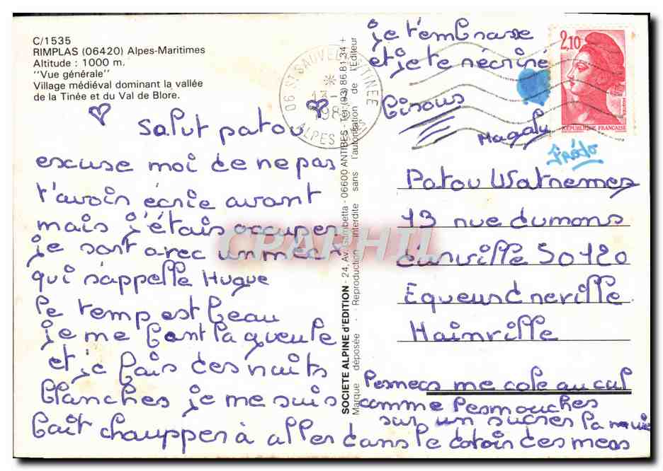 CPM Rimplas Vue generale Vallee de la tinee et du Vla de Blore  — Rückseite