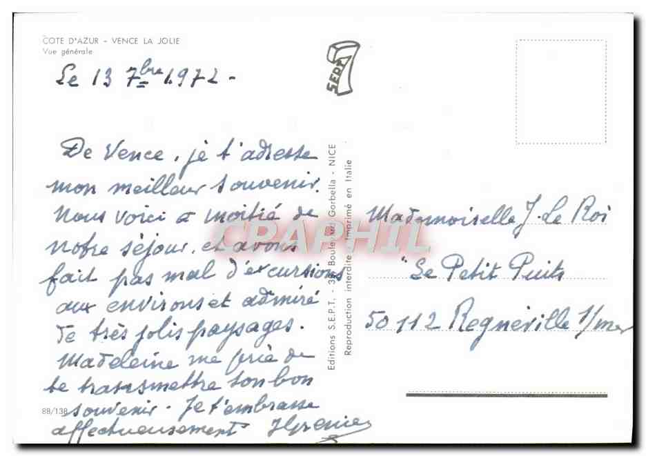 Vence — Vue générale — Editions S.E.P.T. - 3 Boulevards Garibaldi, Nice — Rückseite