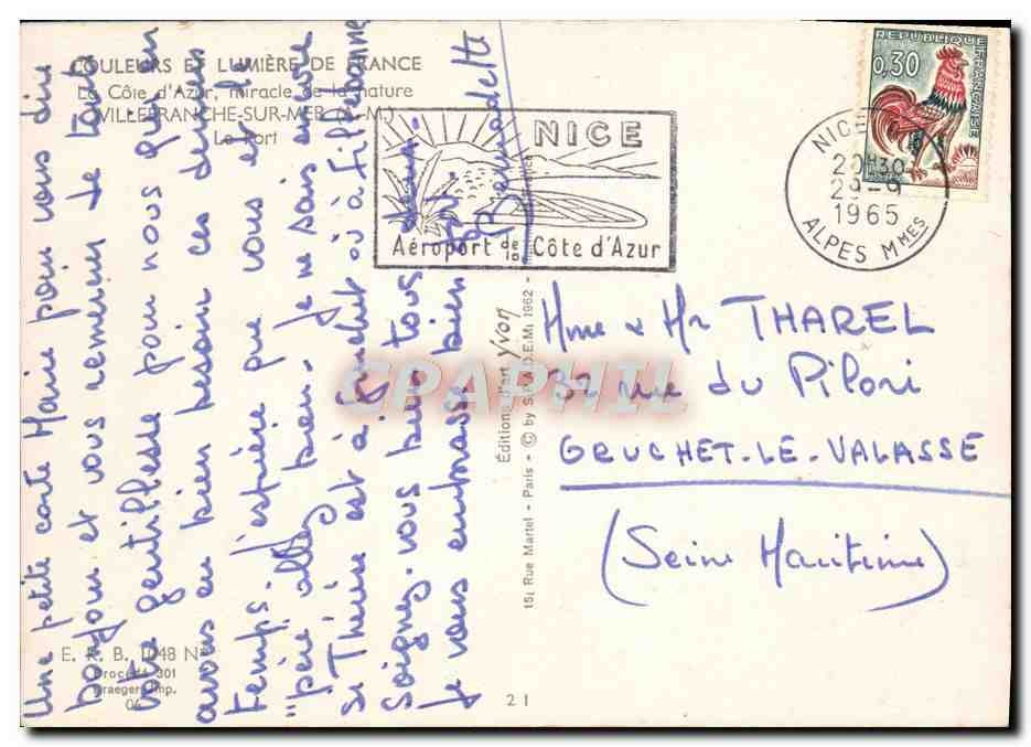 Port de Villefranche-sur-Mer — vue du port avec le 'Come Hotel' — Éditions Yvon, N° 314 — Verso