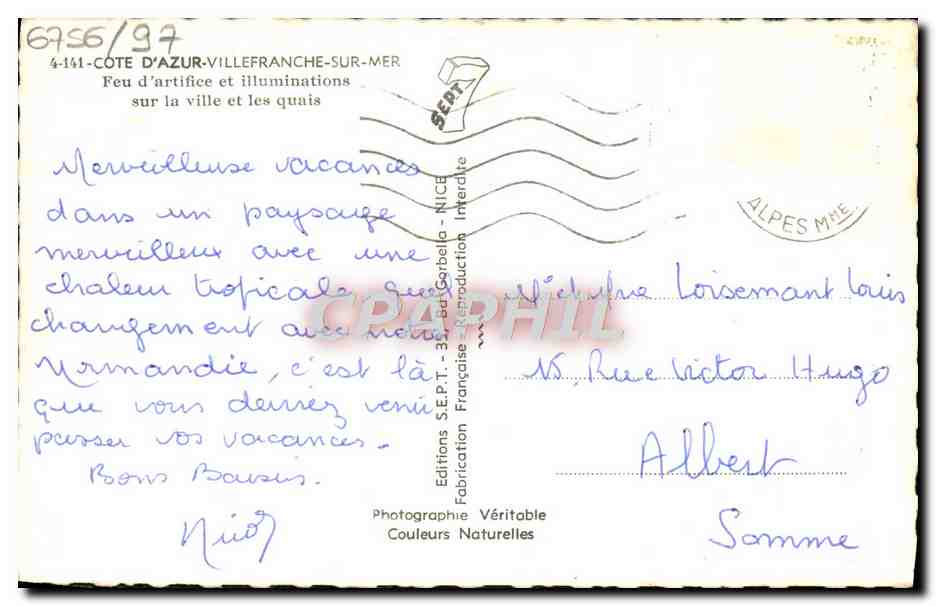 Feux d'artifice et illuminations sur la ville et les quais — Côte d'Azur, Villefranche-sur-Mer — Éditions S.E.P.T. - 33, rue Gorbella - Nice — Verso