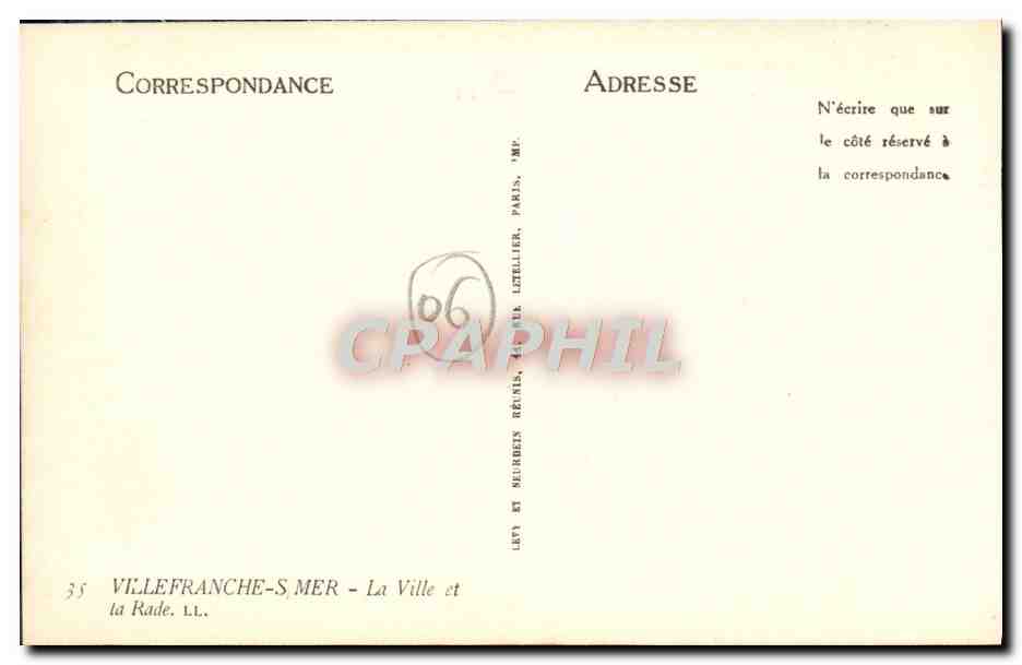 Villefranche-sur-Mer — La Ville et la Rade — Imp. Letellier, Paris — Verso