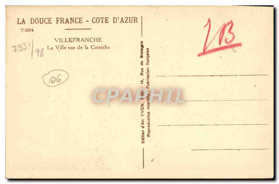 Villefranche - Côte d'Azur — Vue de la Corniche — Édition d'Art Yvon, Paris — Verso