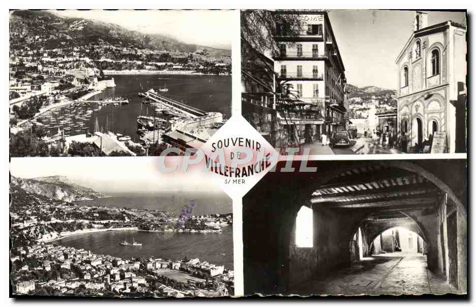 Villefranche-sur-Mer — vue panoramique du port, rue et arcade — Souvenir de Villefranche-sur-Mer, Éditions S.C.P.T. - 35, Bd Gorbella - Nice