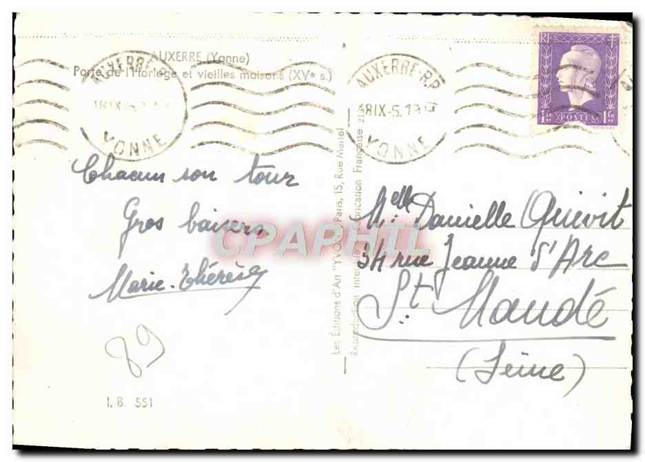 CPA Auxerre Tour de L'Horloge — Verso