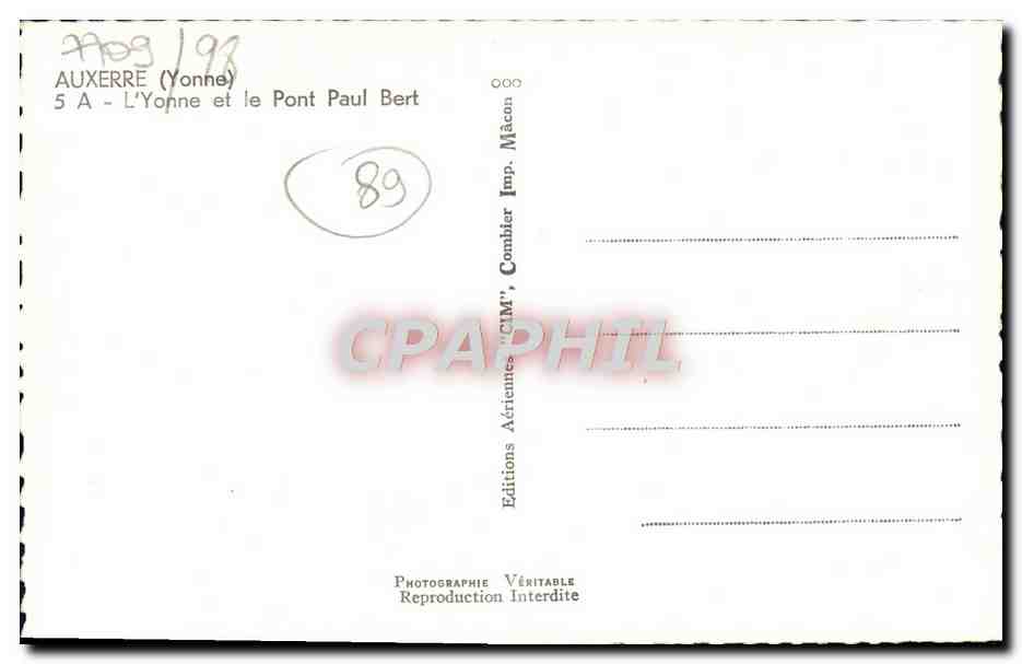 CPM Auxerre L'Yonne et la Pont Paul Bert — Verso