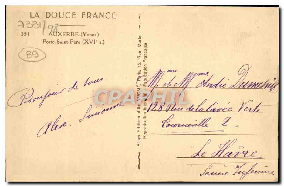CPA Auxerre Porte Saint Pere — Verso