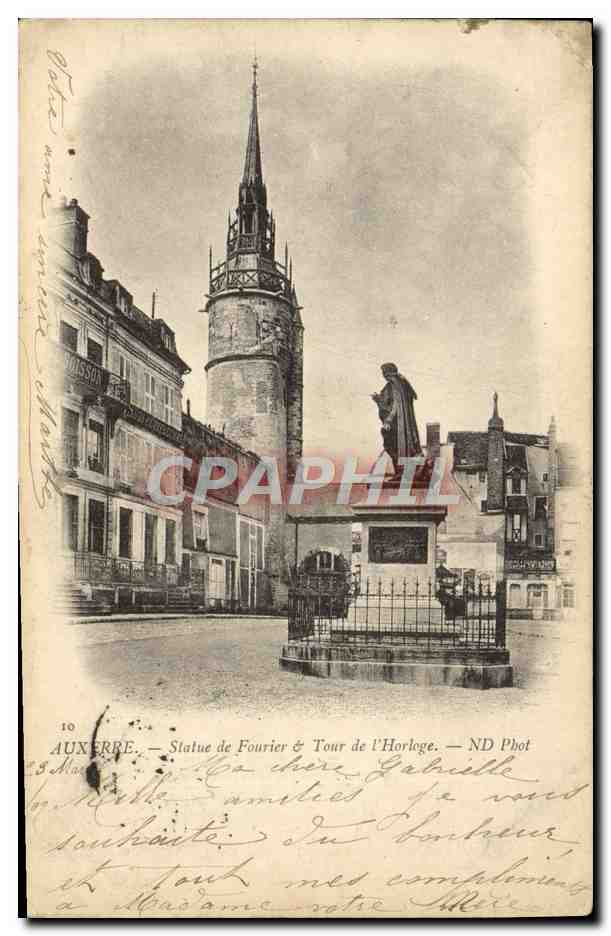 CPA Auxerre statue de Fourier Tour de L'Horloge