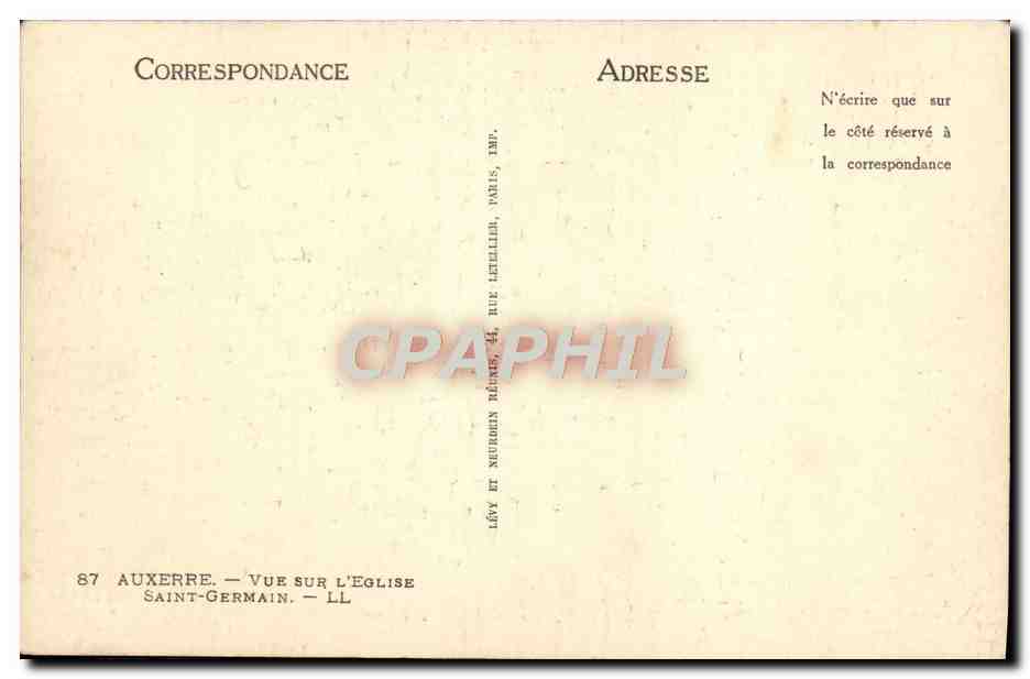 Auxerre — Vue sur l'église Saint-Germain — Éditeur Lévy et Neurgen — Verso