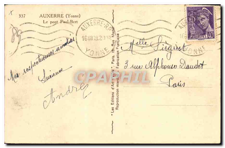 CPA Auxerre Le pont Paul Bert — Rückseite