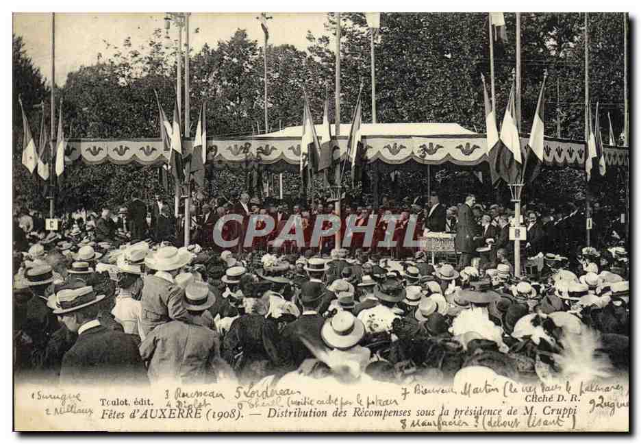 Fêtes d'AUXERRE (1908) — Distribution des Récompenses sous la présidence de M. Cruppi — Téculot, édit.