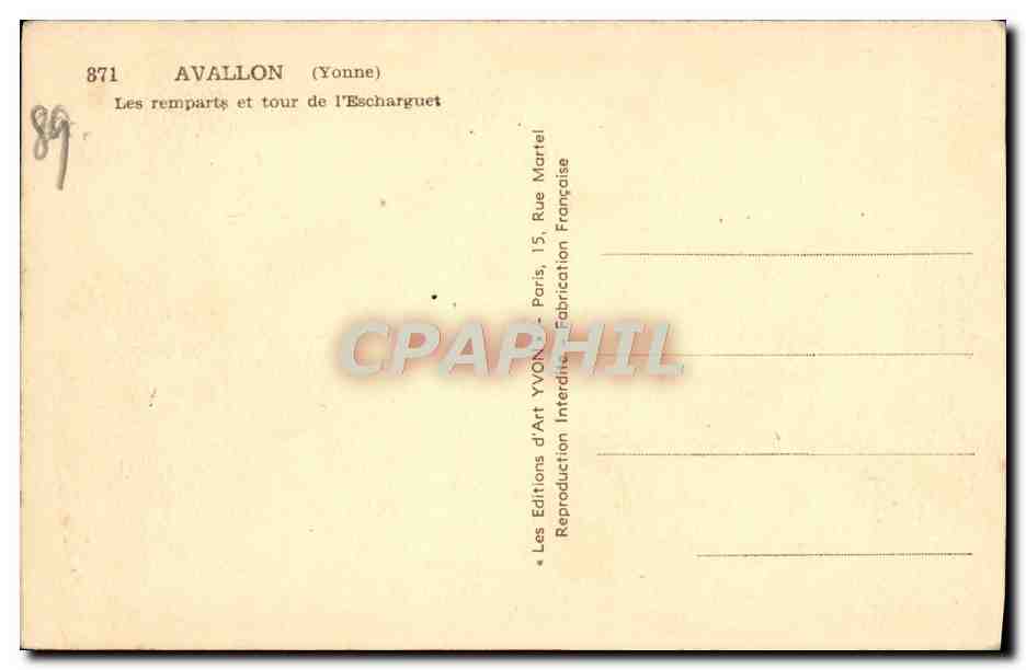 Avallon (Yonne) — Les remparts et tour de l'Escharguet — Éditions d'Art Yvonne — Rückseite
