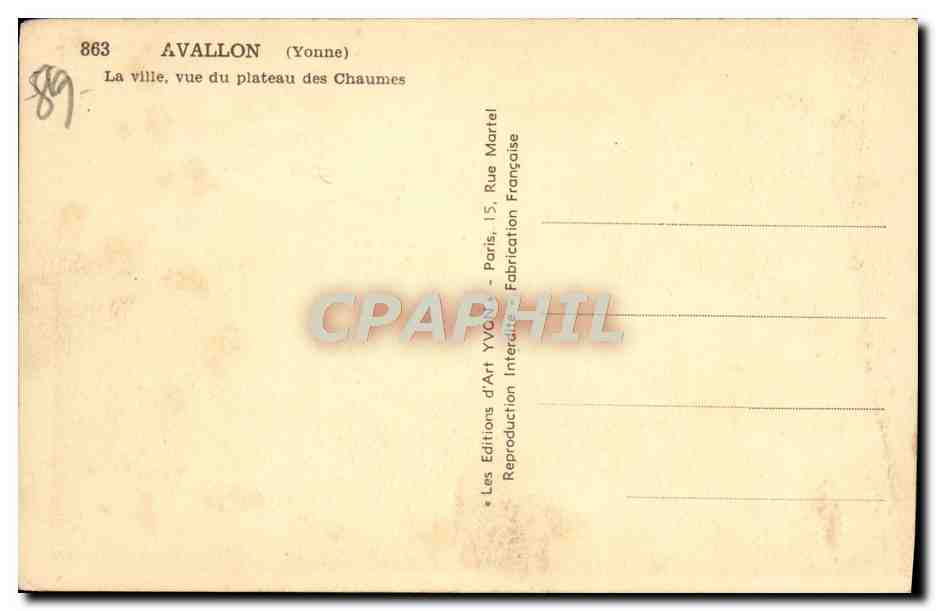 Avallon (Yonne) — vue du plateau des Chaumes — Les Éditions d'Art Yvonne, Paris — Rückseite