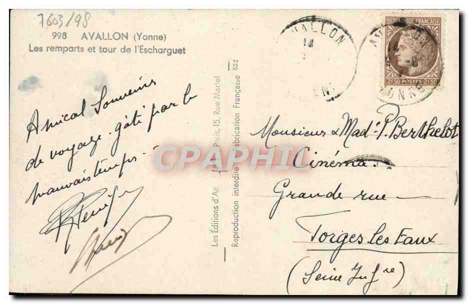 Avallon (Yonne) — Les remparts et tour de l'Éscharguet — Éditions d'Art Paris — Reverso