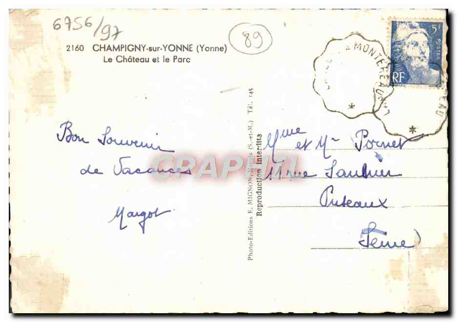 Champigny-sur-Yonne — Le Château et le Parc — Photo-Éditions E. MIGNONNET (S.-et-M.) — Verso