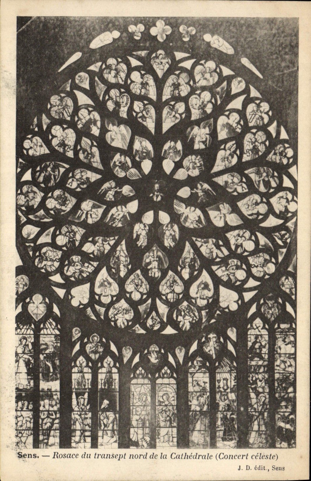 Sens — Rosefenster des nördlichen Querbaus der Kathedrale (Himmelskonzert) — J. D. édit, Sens