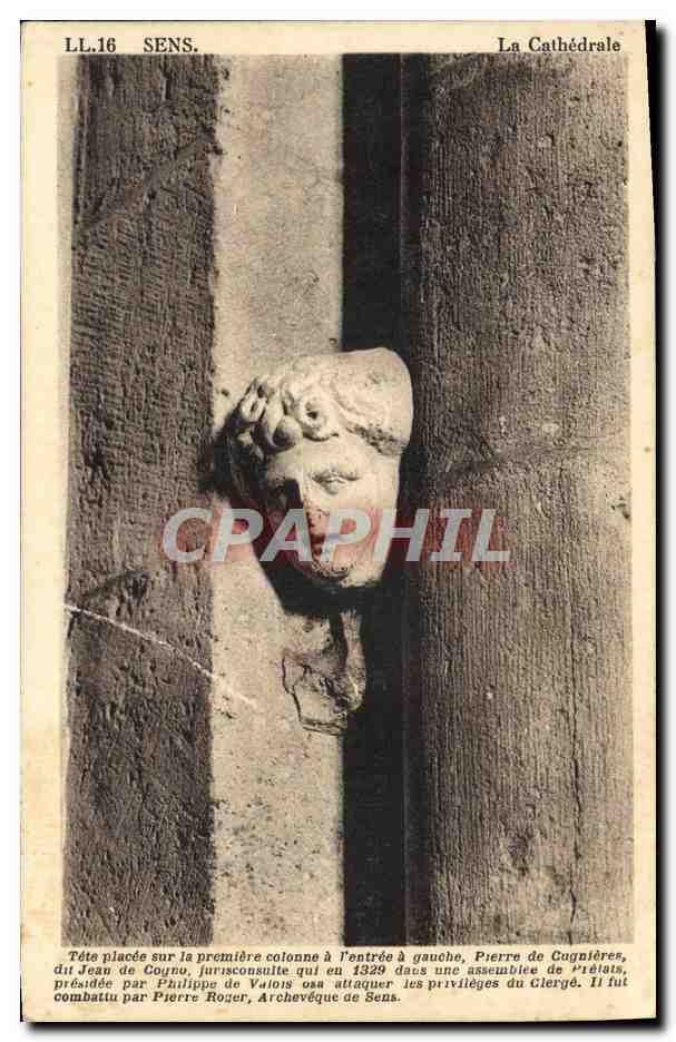 Sens. La Cathédrale — Tête de Jean de Cognu sur colonne d'entrée — Édition Léon Laineau