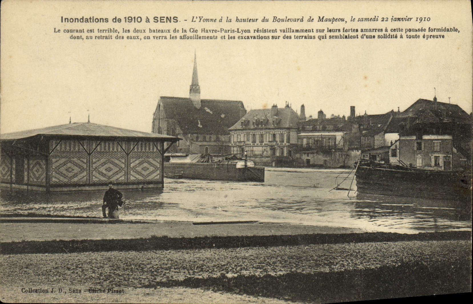 Inondations de 1910 à SENS — L’Yonne à la hauteur du Boulevard de Maupou, samedi 22 janvier 1910 — Collection J. B., Sens — Chirche Pissot