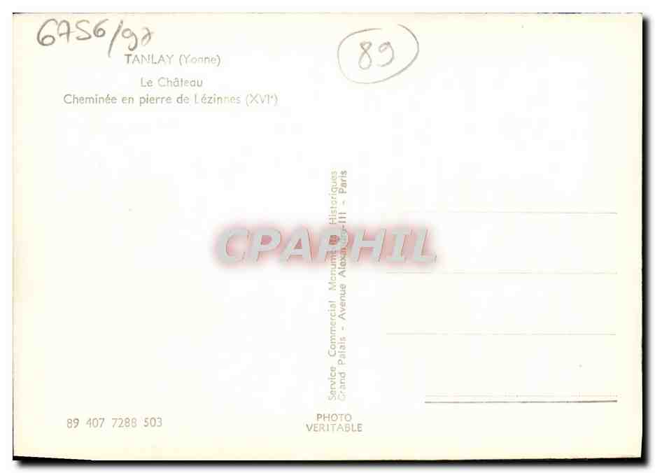 CPM Tanlay Le Chateau Cheminee En Pierre De Lezinnes — Back