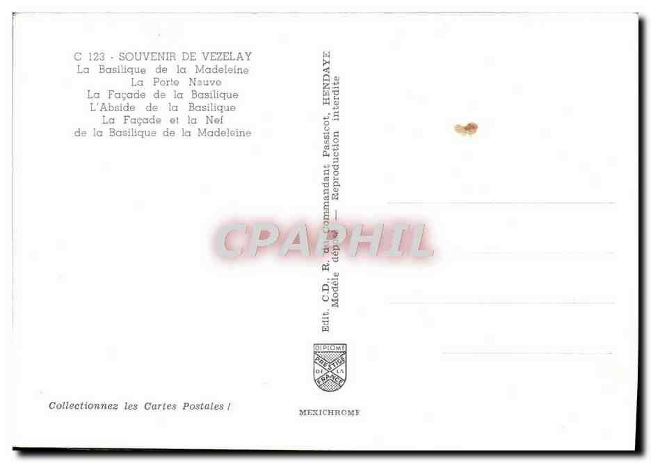 Vézelay — Recuerdo de la Basílica y sus monumentos — Editor C.D.R. HENDAYE — Reverso