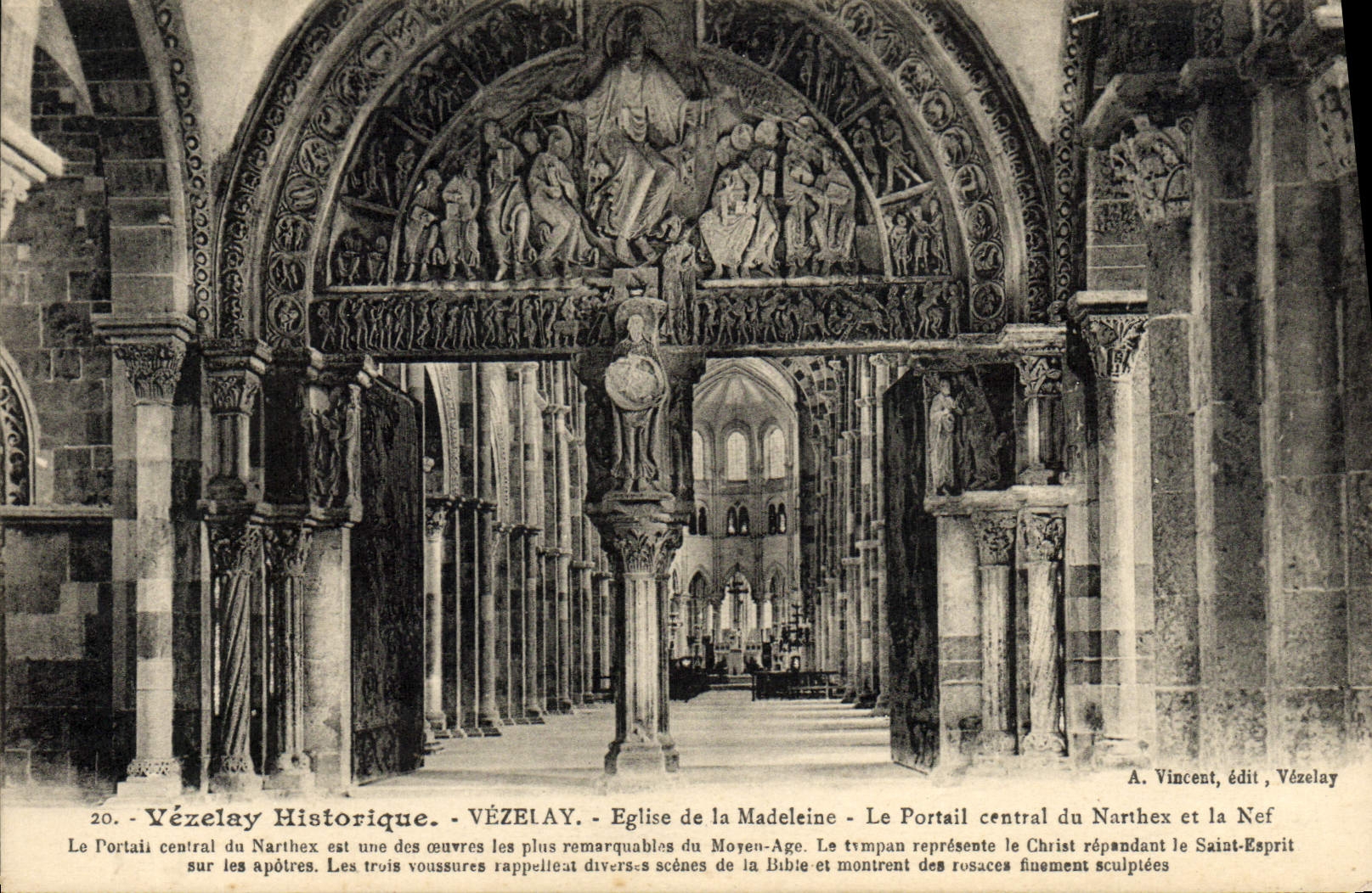 Vézelay - Portail central du Narthex et la Nef - Église de la Madeleine - A. Vincent, édit, Vézelay