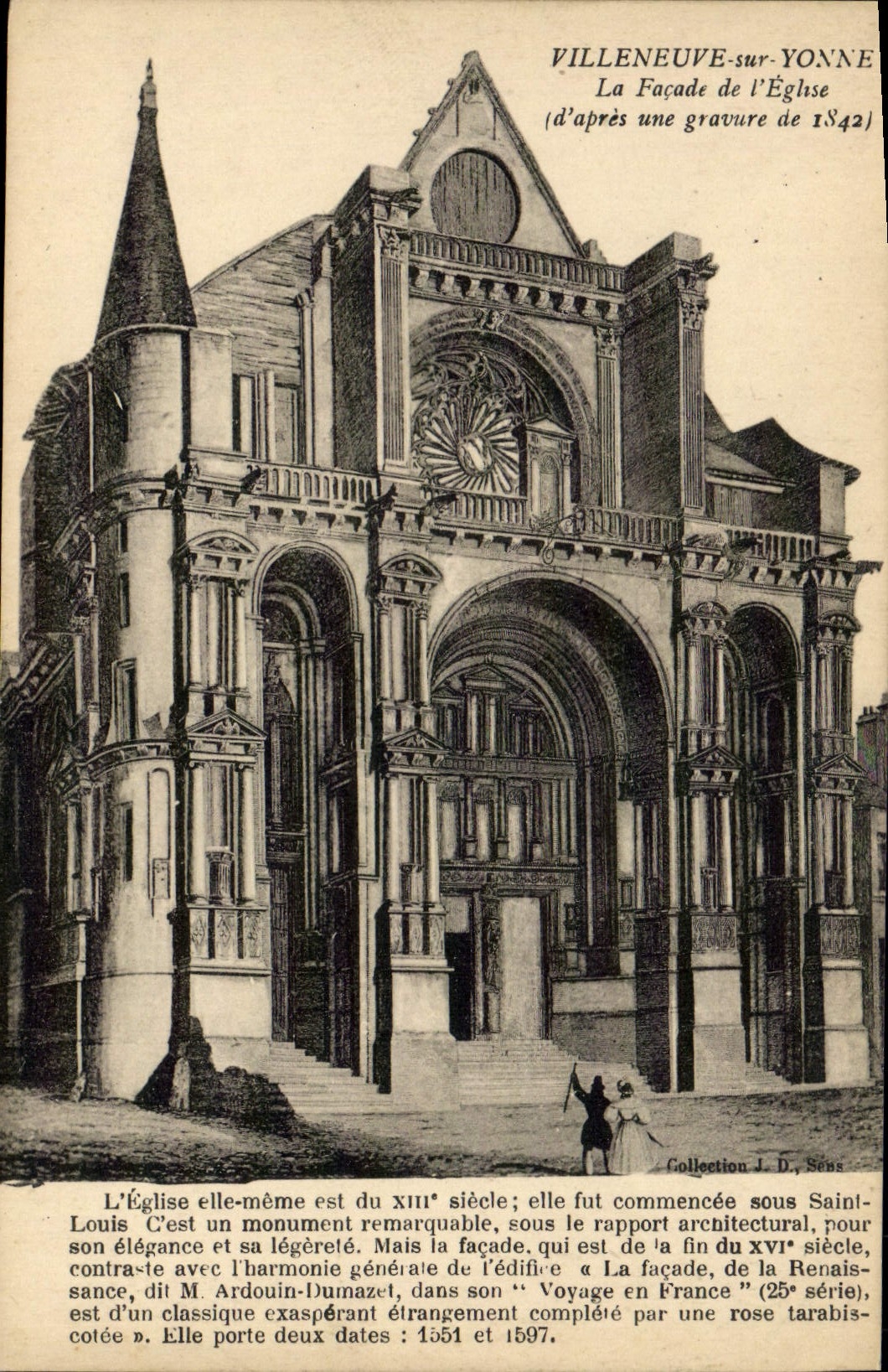 Villeneuve-sur-Yonne — Fassade der Kirche (nach einer Holzschnitte von 1842) — Sammlung J. D., Sens
