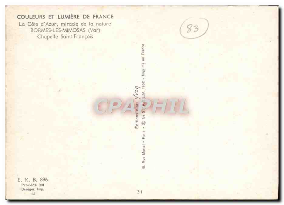 CPM La Cote d'Azur Miracle De La Nature Bormes Les Mimosas Chapelle Saint Francois — Rückseite