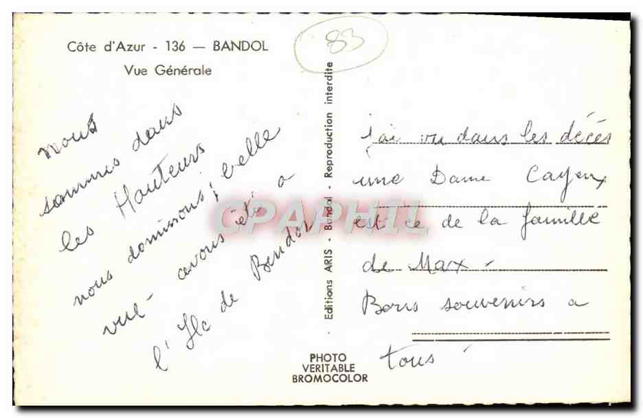 CPM Cote D'Azur Bandol Vue Generale — Rückseite