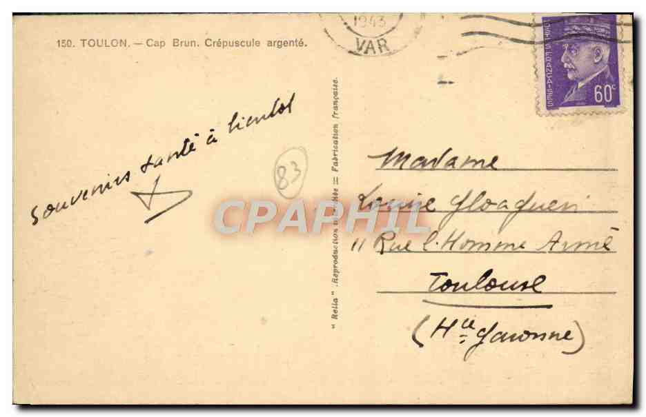 CPA Toulon Cap Brun Crepuscule Argente — Verso