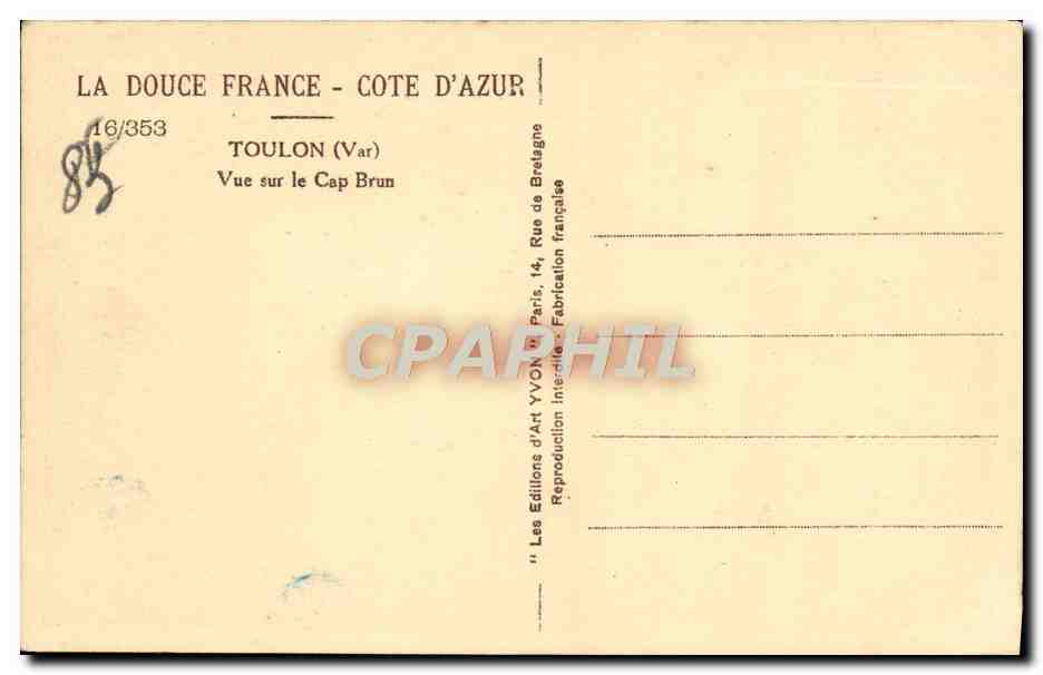 CPA La Douce France D'Azur Toulon Vue Sur Le Cap Brun — Verso
