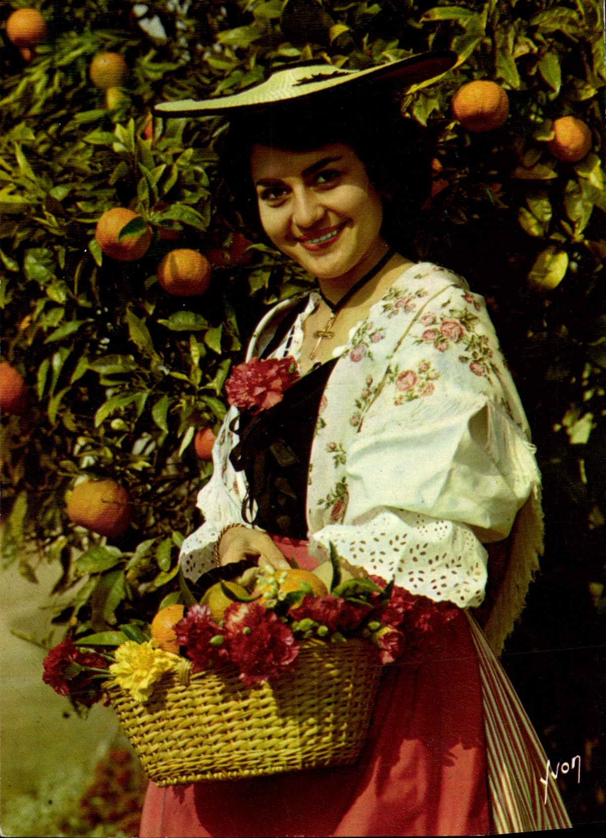 Femme en costume traditionnel dans un verger d'oranges — Éditions d'Art Yvon, n°14