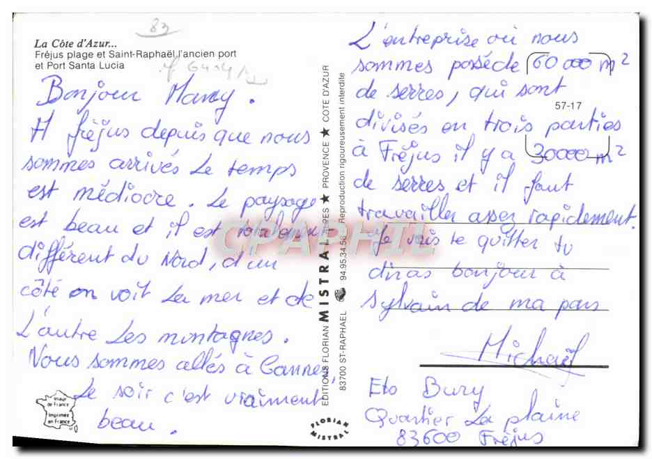 Fréjus - St Raphaël — vue aérienne de la plage et du port — Éditions Florian Mistral — Verso