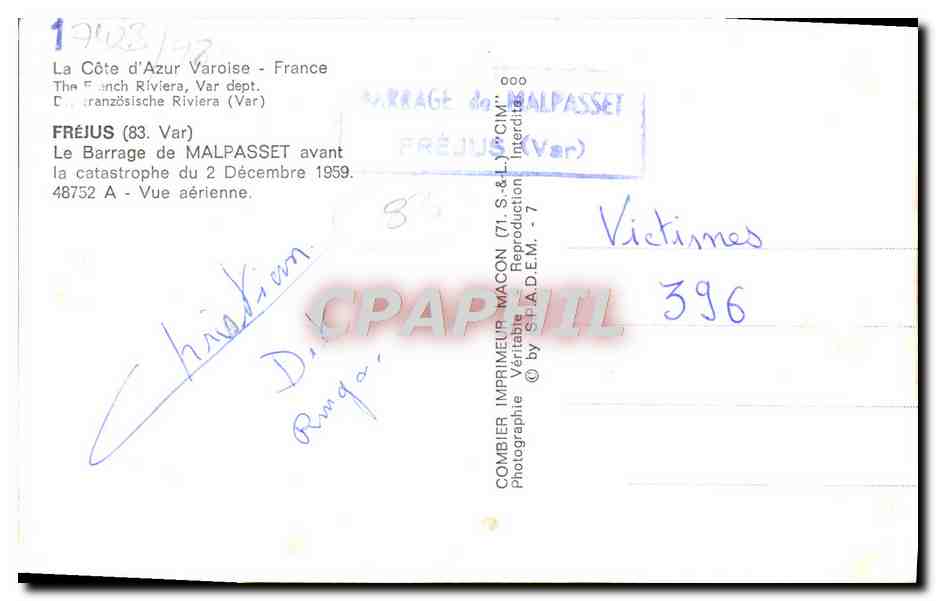 Le Barrage de Malpasset — avant la catastrophe du 2 décembre 1959 — Combiér Imprimeur, 71 S.& L. Y.C.I.M. — Back