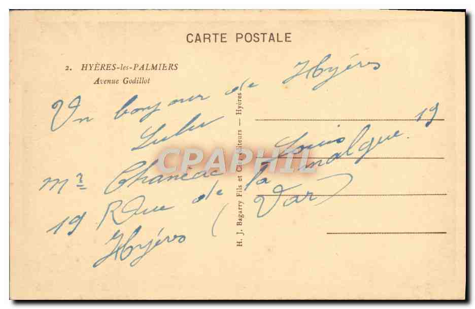 CPA Hyeres Les Palmiers Avenue Godillot — Rückseite
