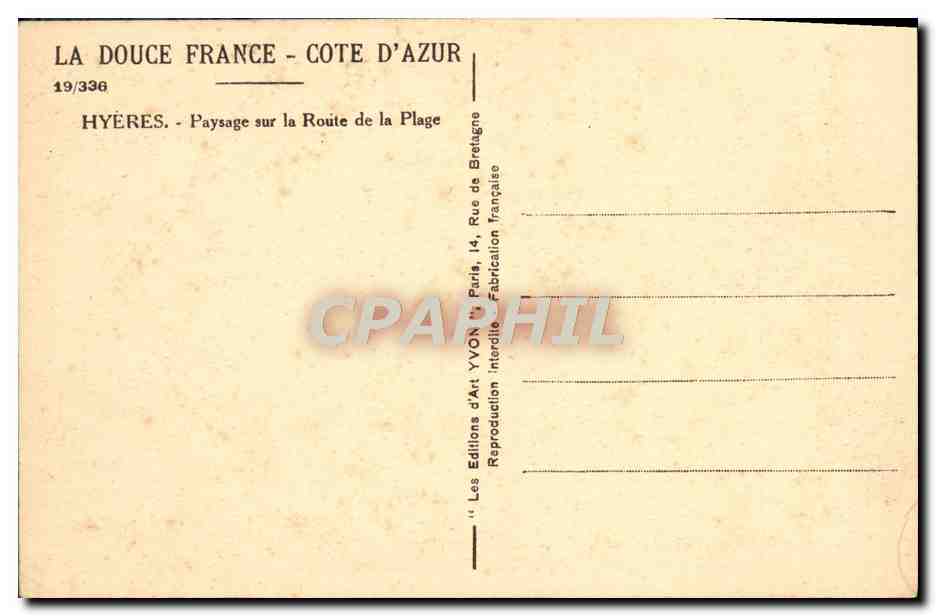 HYÈRES - Paisaje en la Route de la Plage — Les Éditions d'Art YVON, París, n°19/336 — Reverso