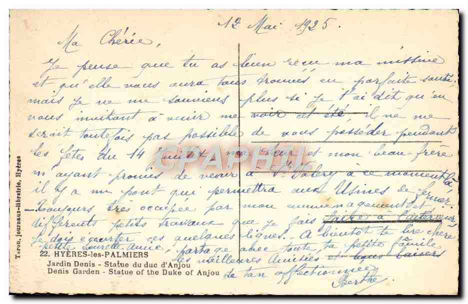 Jardin Denis - Statue du duc d'Anjou — Hyères-les-Palmiers — Taron, Journaux-librairie — Verso