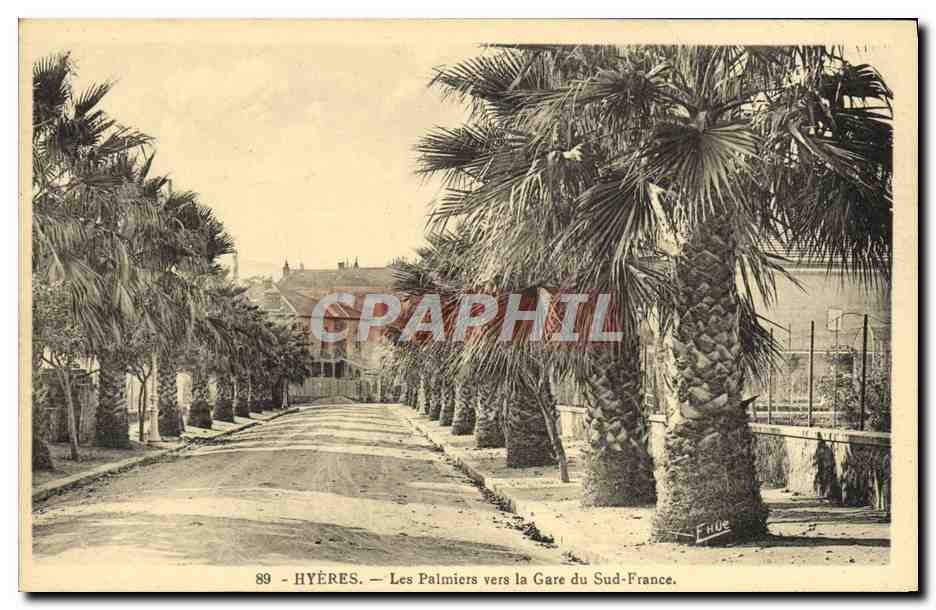Hyères — Les Palmiers vers la Gare du Sud-France — Éditeur Hue, n°89