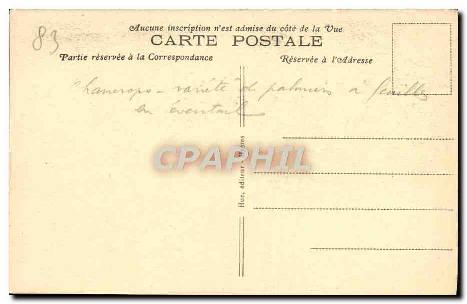 Hyères — Les Palmiers vers la Gare du Sud-France — Éditeur Hue, n°89 — Reverso